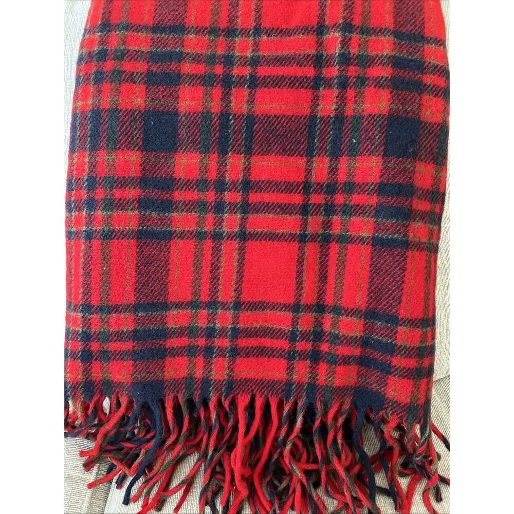 Vintage Pendleton Plaid 100% Wool Fringe Blanket Red Blue Made USA Approx. 52x72